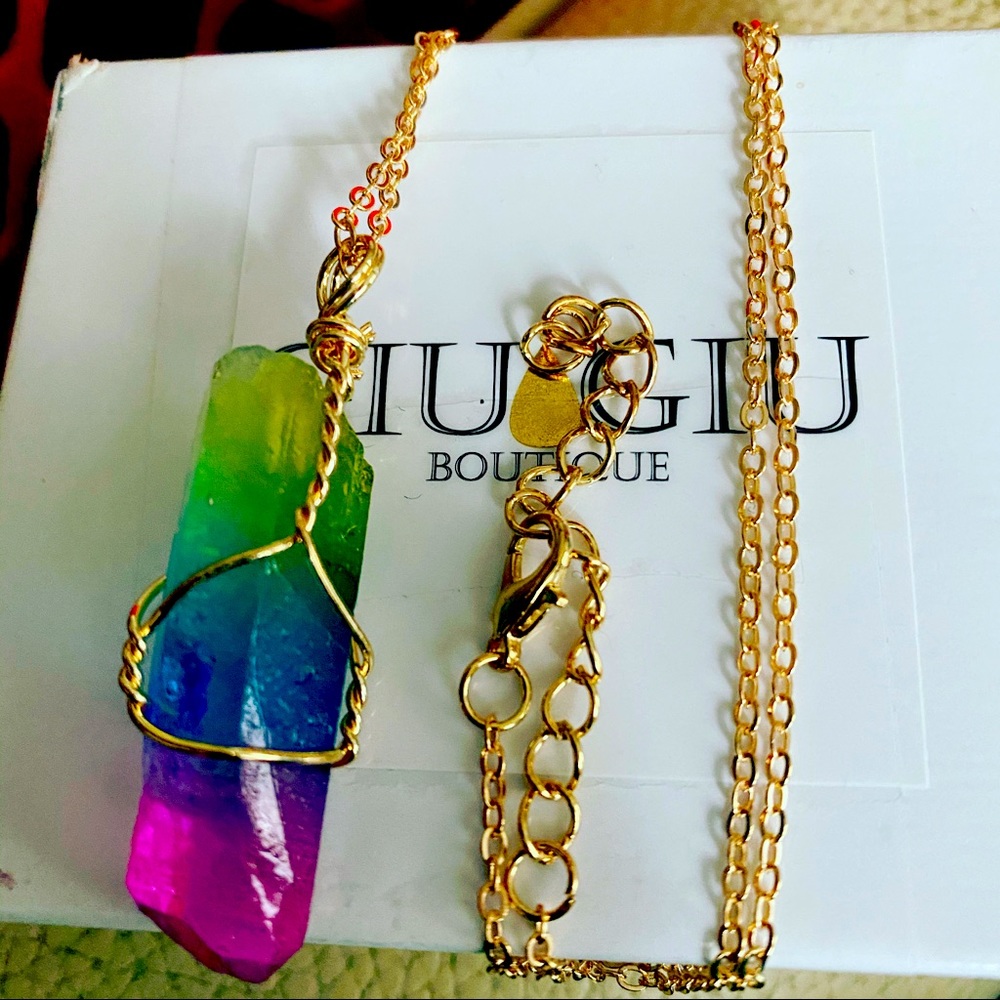 Rainbow Quartz gold tone stainless steel necklace